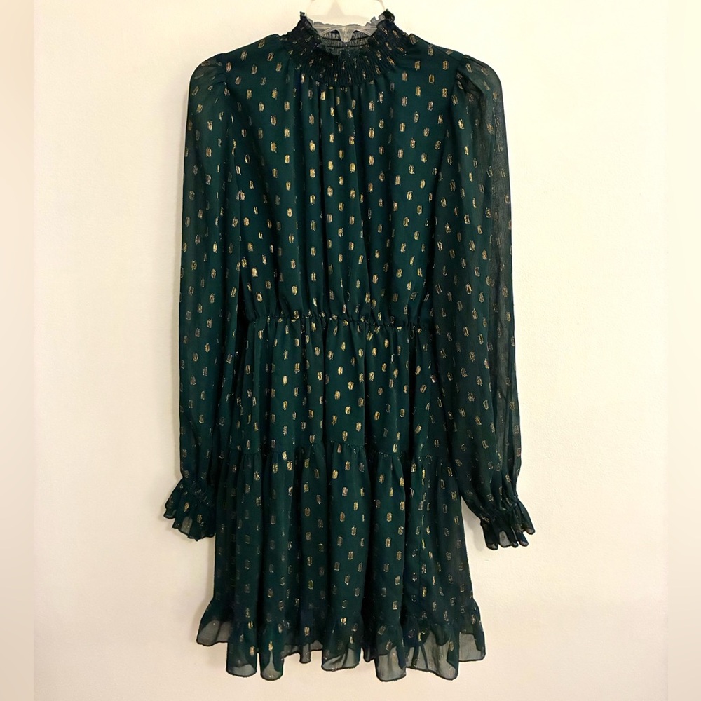 o.p.t Long Sleeve Dark Green Ruffle-Neck Dress with Gold Dot Detail